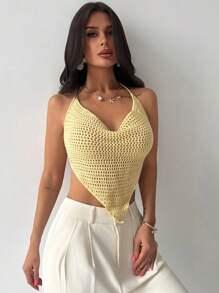 SHEIN Privé Camiseta de punto ajustada con cuello de halter y nudo - Amarillo - Ver 7