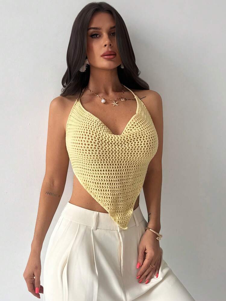 SHEIN Privé Camiseta de punto ajustada con cuello de halter y nudo - Amarillo - Añade 7