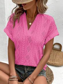 SHEIN LUNE Suéter de mujer de manga corta con cuello en V, de unicolor, tejido jacquard - Rosa Fucsia - Ver 3