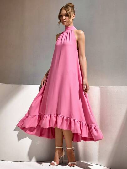 CLARA VERO Elegant High-Neck Ruffled Hem Midi Dress – Featuring A Sophisticated Halter Neckline With A Graceful Flowing Silhouette – Softly Gathered Bodice That Enhances The Feminine Shape – Asymmetrical High-Low Hemline Adorned With A Voluminous Ruffle Detail For A Romantic And Chic Look – Crafted From A Lightweight, Airy Fabric For Effortless Movement – Ideal For Special Occasions, Evening Events, And Elegant Summer Gatherings Work Summer Dresses