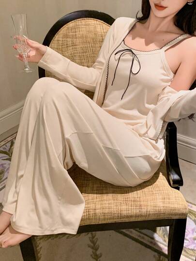 DAZY 3pcs/Set Wave Trim Decor Bowknot Camisole Top & Straight Hem Pants & Open Front Top Lounge Set, Cozy Outfits, Fall Winter Clothes