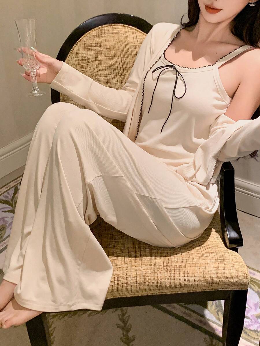 DAZY 3pcs/Set Wave Trim Decor Bowknot Camisole Top & Straight Hem Pants & Open Front Top Lounge Set, Cozy Outfits, Fall Winter Clothes - Beige - View 1