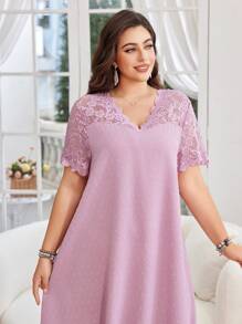 Lacomfia 大码女式夏季 V 领短袖蕾丝拼布纹理提花面料优雅休闲中长连衣裙 - 粉色 - 查看 1