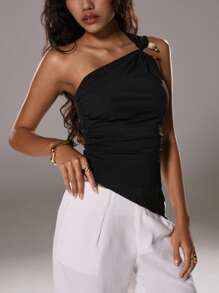 TRNVIE Áo thun đen thời trang thanh lịch lệch vai trang trí nút viền bất đối xứng cho nữ, mùa xuân/hè - màu đen - Xem 7