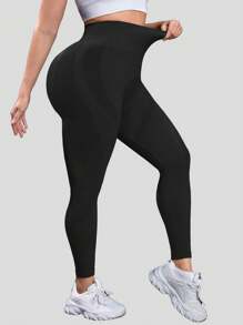 SHEIN Rhythm Era 加大码纯色高腰合身无缝提臀运动紧身裤女式瑜伽裤 - 黑色 - 查看 2