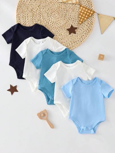 SHEIN Dozemod Barn 5 Set Nyfödd Baby Pojke Enkel Enfärgad Stickad Mjuk Bekväm Rund Hals Kortärmad Romper Pyjamas