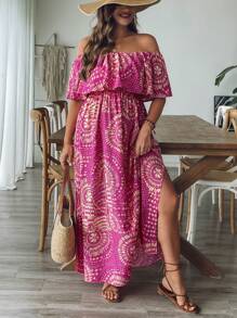 SHEIN VCAY Vestido largo de mujer talla grande con estampado retro en fucsia, hombros descubiertos, cintura con volantes y abertura lateral, vestido de playa para mujer, atuendos de vacaciones en la playa, atuendos de aeropuerto, atuendos de vacaciones de verano, estilo bohemio, ropa de mujer, atuendos para brunch, atuendos de vacaciones en la ciudad, ropa occidental para mujer, ropa de verano europea para vacaciones en la isla, atuendos de luna de miel, atuendos de Miami, atuendos de Saint-Tropez, atuendos de Tulum, atuendos de South Beach, atuendos de Santorini Grecia, atuendos de la de Amalfi, atuendos de Ibiza, chica de la isla con hombros descubiertos - Rosa Fucsia - Ver 5