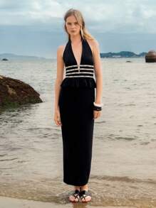 SHEIN Unity Beaded Strap V-Neck Vacation Style Women Tank Top - Black - View 7
