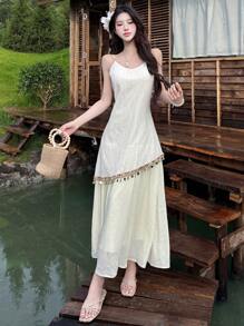 DAZY Vestido con tiras largas y empalmado para mujer, primavera/verano