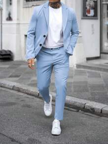 Manfinity Mode 男士纯色口袋休闲商务长袖西装外套+裤子套装男士休闲西服男士休闲西装男士春季服装男士西裤 - 淺藍色 - 查看 5