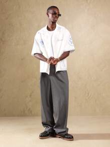 Sumwon 夏季系列短袖纽扣衬衫复古棕榈印花休闲度假海滩度假家居服