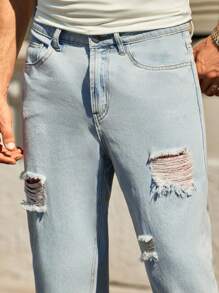 Manfinity VCAY Men's Casual Ripped Tapered Leg Jeans, Fashionable Men Light Blue Ripped Jeans Ripped Jeans Men Light Wash Ripped Jeans Men Men Distressed Jeans Cool Men Jeans - Blue - View 2