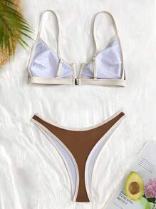 Swim SXY 女式 V 领镂空肩带拼色比基尼泳装，性感欧式泳衣 - 咖啡棕 - 查看 4