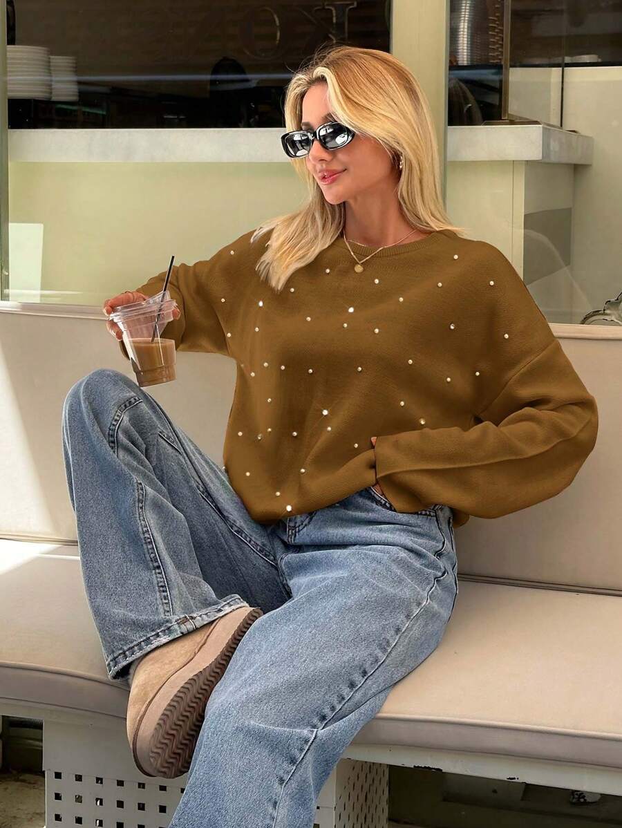 EURMUSE Woman Loose Fit Comfy Warm Rhinestones Detailed Sweater - Camel - View 1