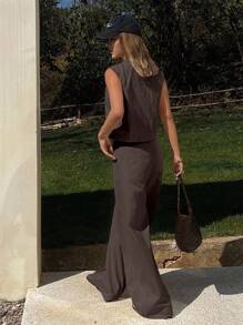 DAZY 2pcs/Set Women Casual Vacation Vest And Pants Set, Spring/Summer - Brown - View 4