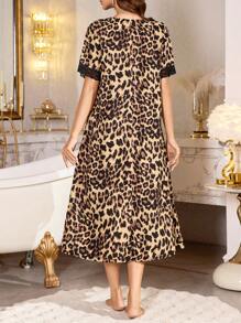 LuxeNights V-Neck Contrast Lace Leopard Print Short Sleeve Women Nightgown, Moo Moo - Multicolor - View 2