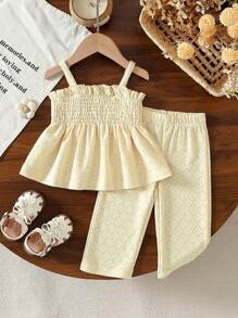 SHEIN Vintaside Kids 2 件套女婴吊带上衣和长裤套装，适合春秋季 - 黃色 - 查看 3