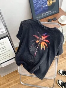 儿童/青少年男童休闲百搭舒适棕榈树图案印花卫衣，宽松版型，短袖 - 黑色 - 查看 7