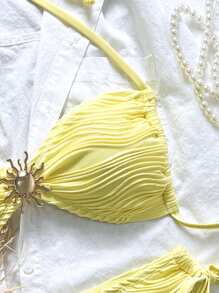 Swim Mod Swim Chiccia 纹理面料金属扣吊带侧系带黄色比基尼套装，夏日海滩度假 - 黃色 - 查看 3