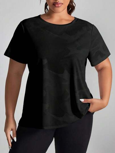 Easithlete Plus Size Women Camo Print Round Neck Short Sleeve Activewear T-Shirt Gym Shirts