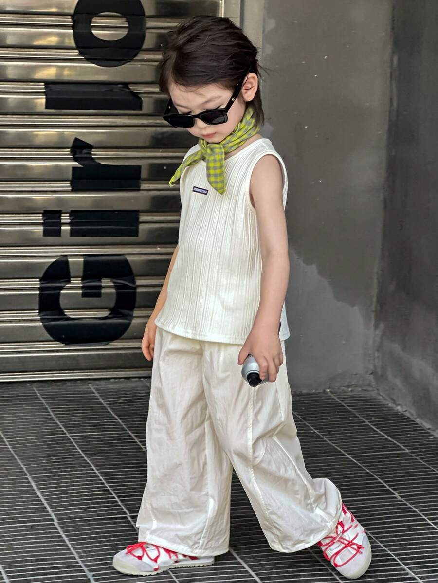 DAZY 2 件套小男孩圆领无袖 T 恤和长裤,秋季服装,返校服装 - 白色 - 查看 1