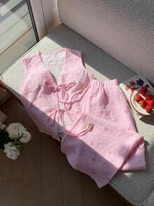 Comfortcana 大码女式 2 件套蝴蝶结印花夏季粉色条纹背心和裤子套装，2 件套夏季服装女士夏季服装 - 粉色 - 查看 4