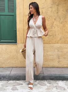 Serisse 2 件套女士优雅深 V 领无袖修身上衣和长裤套装 - 杏色 - 查看 4