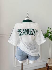 Comfortcana Plus Size Women Casual Openwork Knit Short Sleeve Top,Holiday Outfits,Summer,Going Out Tops, Vintage Tops Women, Preppy Tops,Beach,Vacation,Green And White,European Summer,Streetwear,Graphic Tees
