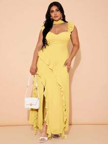 SHEIN BAE 大码女式优雅绿色长款高开叉荷叶边下摆连衣裙，适合春夏季日常穿着，雪纺层叠荷叶边胸罩杯结构吊带长裙，海滩度假连衣裙，演唱会连衣裙，婚礼宾客连衣裙 - 黃色 - 查看 3