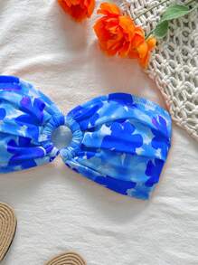 Swim Mod 女款夏季海灘度假風全花卉印花鏤空胸前抓皺平口比基尼上衣 - 藍色 - 查看 4
