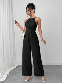 Firerie Women's Solid Color Waist Crisscross Wide Leg Jumpsuit - Black - View 6