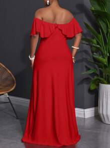 Slaydiva 2025 年新款百搭简约休闲设计露肩荷叶边修身连衣裙，大码女装/秋季女装/大码夏装/七月四日/七月四日女装/Y2K/女装街头服饰/乡村/海滩/俱乐部/教师/亚麻/街头服饰/欧洲夏季/女士夏季服装/女士时尚服装/，长裙红色长裙露肩长裙红色长裙红色露肩连衣裙女式红色长裙 - 紅色 - 查看 2