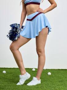 Cheerettes 夏季运动短裙，撞色不对称下摆 - 淺藍色 - 查看 2