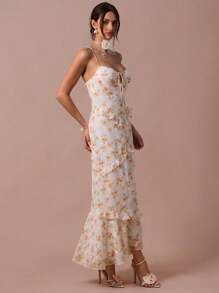 Enchnt 春夏浪漫女士橙色花卉印花系带前褶边下摆吊带中长连衣裙，甜美优雅，适合度假、约会、节日、派对、毕业典礼、婚礼嘉宾、海滩和宴会、舞会礼服、女士夏季连衣裙、夏季服装