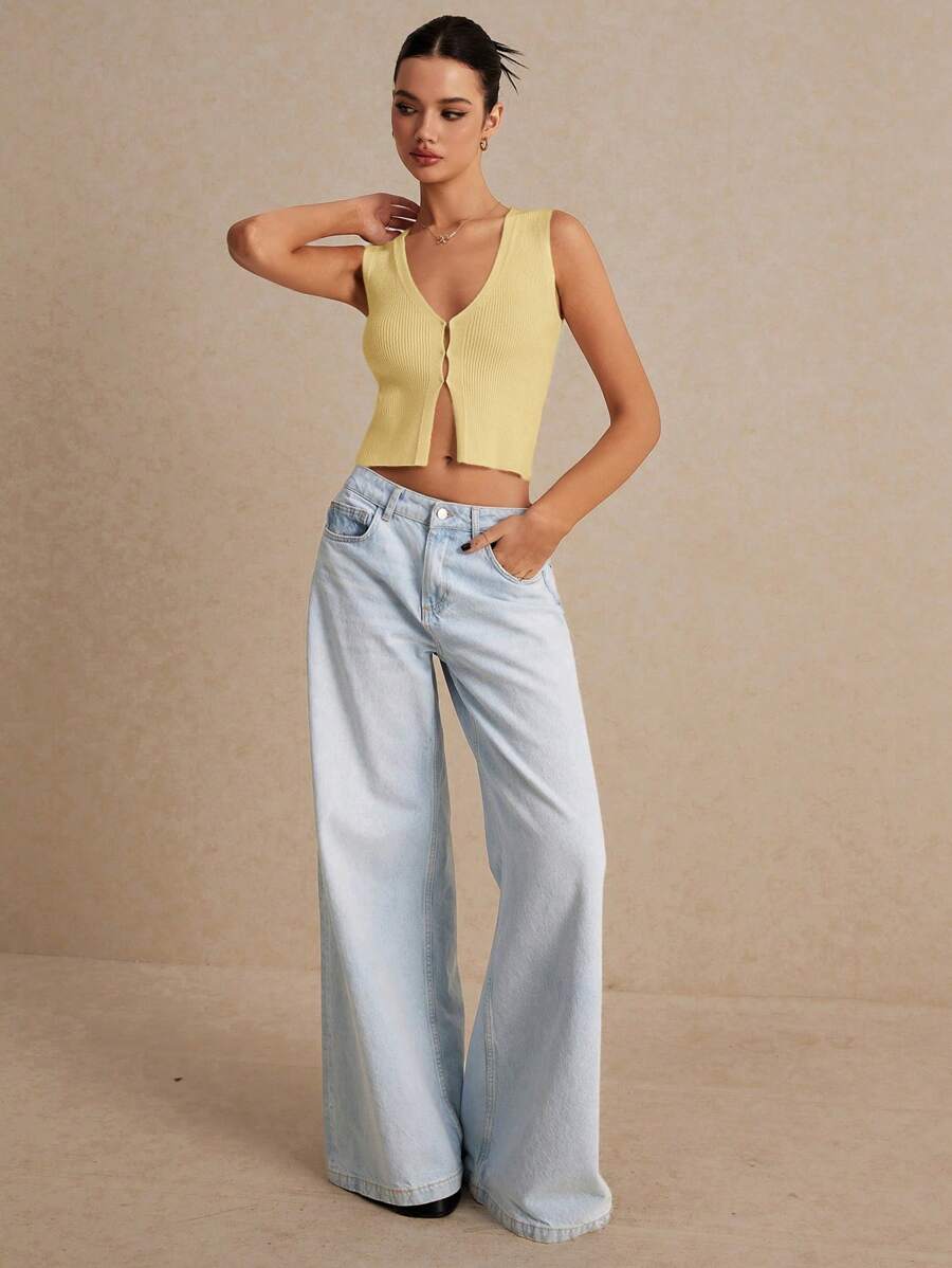 Poéselle Women's Summer Frenchies Casual Solid Color Sleeveless Knit Top Sweater Vest - Mustard Yellow - View 1