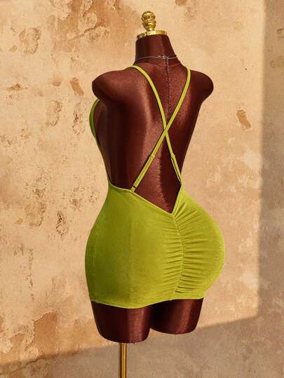 Amplova Vestido Mini Minimalista com Cruzado Feminino de Cor Sólida