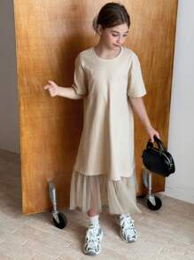 Hapijoa 青少年女孩圆领针织短袖网眼拼布连衣裙，夏季，返校服装 - 卡其色 - 查看 5