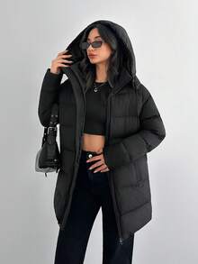 SHEIN Tall Tall Size Zip Up Drawstring Hooded Padded Coat, For Winter Streetwear - Black - View 5