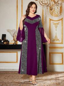 Modelyn Plus Size Women Elegant Chiffon Patchwork Ruched Bodycon Dress Fall Cloth For Women - Purple - View 1
