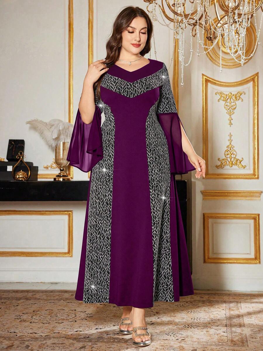 Modelyn Plus Size Women Elegant Chiffon Patchwork Ruched Bodycon Dress Fall Cloth For Women - Purple - View 1