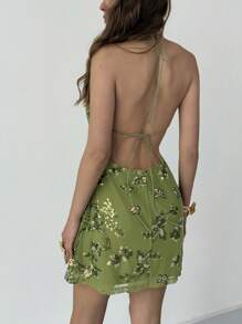 Aloruh New Sexy Clubwear Backless Sleeveless Lace Up Form-Fitting Mini Green Sequin Dress, Suitable For Music Festival, Vacation, Date, Beach, Cocktail Party