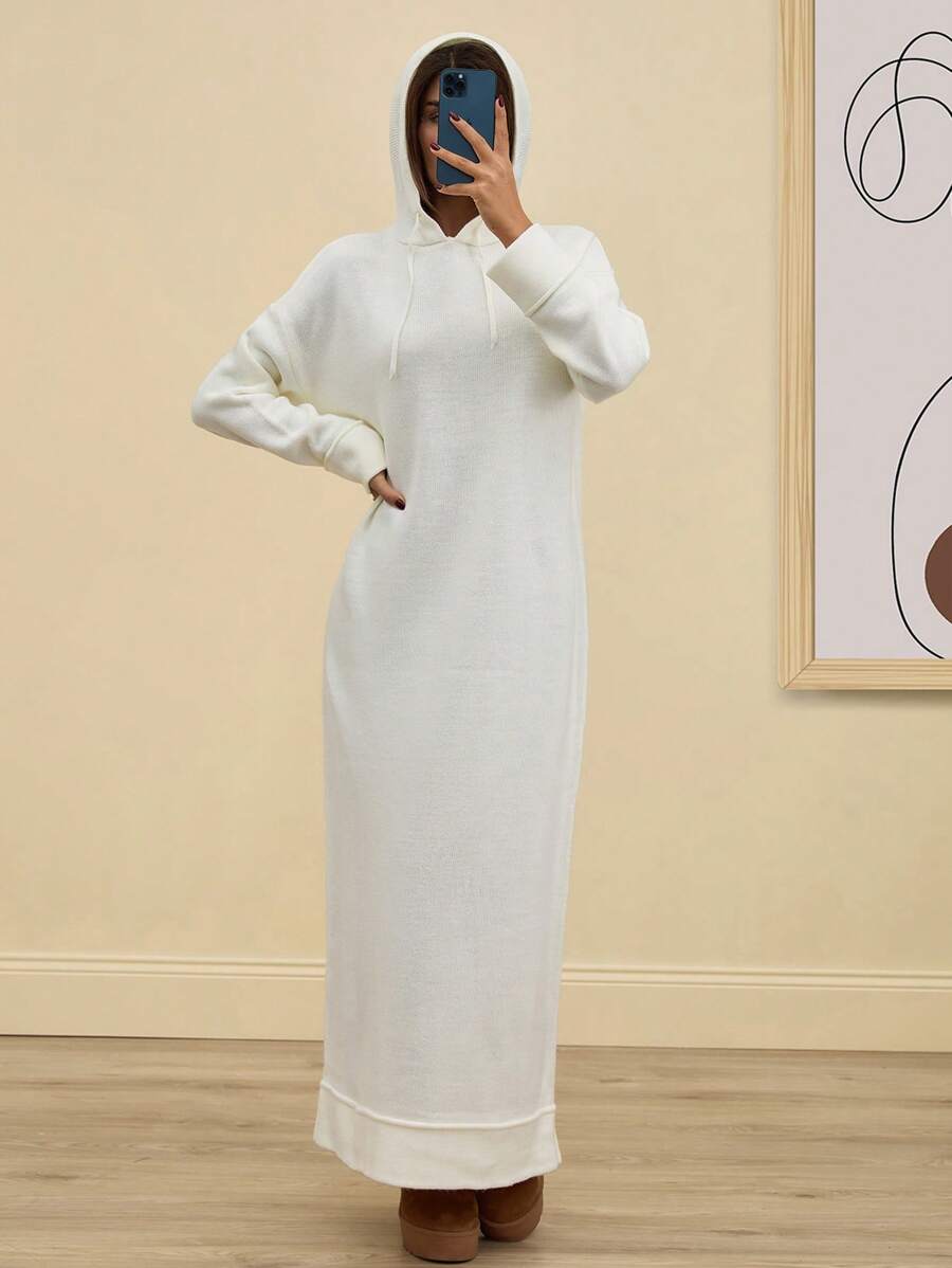 SHEIN Tall Maxi Sweater Dress Wth Hoodie And Drawstring - Apricot - View 1