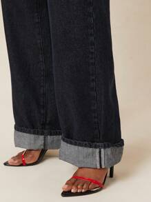 NYA SZN Jeans de tiro alto de lavado oscuro con dobladillo, casual básico de uso diario para mujer