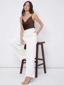 SHEIN BIZwear 2025秋季新款女士纯色垂褶领缎面吊带背心，浪漫优雅百搭商务休闲通勤上衣，OL装，教师制服，基础款上衣 - 巧克力棕 - 查看 5