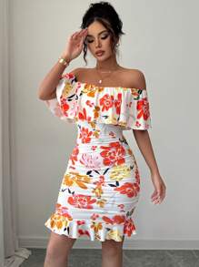 Selianne Tropical Print Off Shoulder Ruffle Trim Ruched Bodycon Dress Vacation Beach Outfits Women - Multicolor - View 3