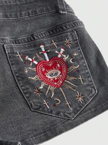ROMWE Grunge Punk Women's Y2K Retro Super Low Waist Back Pocket Heart Embroidery Rhinestone Distressed Mini Denim Shorts - Black - View 3