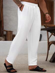 Manfinity RSRT 大码男士纯色抽绳腰休闲白色长裤，带口袋