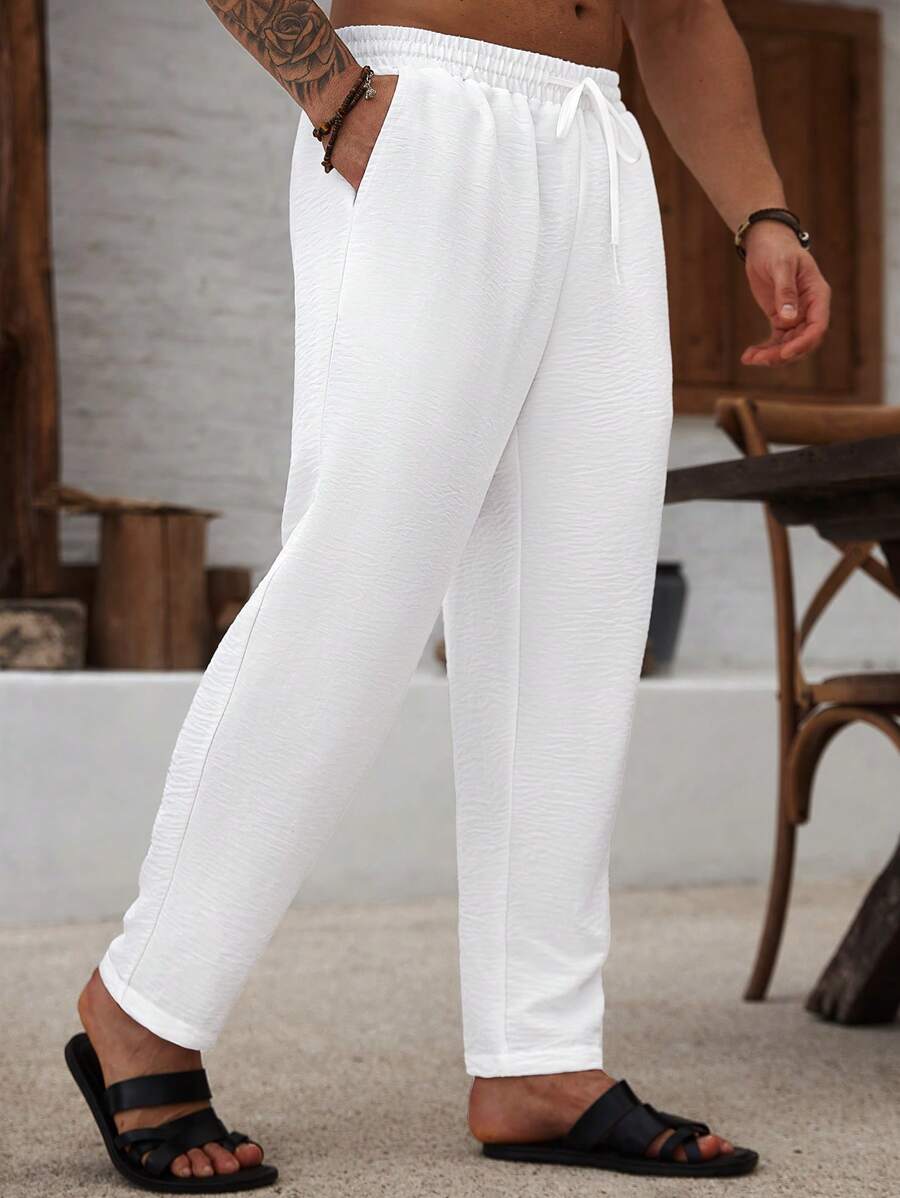 Manfinity RSRT 大码男士纯色抽绳腰休闲白色长裤，带口袋