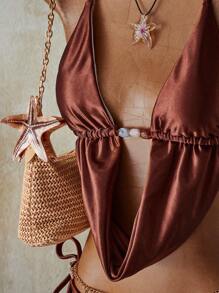 SHEIN ICON Women Boho Beaded Neckline Swimwear Set + Bikini Bottom, Suitable For Vacation And Music Festivals 4th Of July Women Outfits Back To School - Brown - View 4