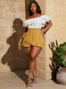 SHEIN SXY 加大码女式纯色荷叶边下摆时尚短裙荷叶边短裤黄色短裤女式夏季 S 码 - 黃色 - 查看 5